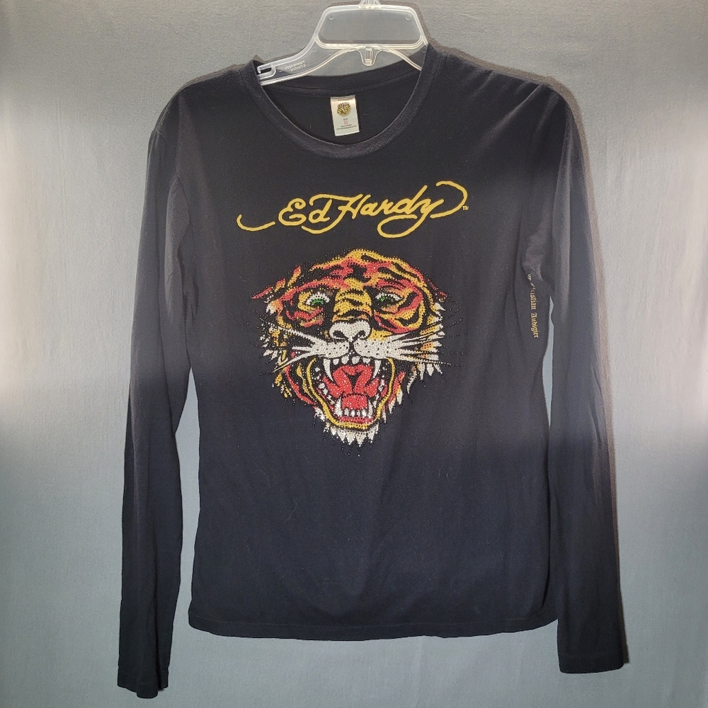 Ed Hardy by Christian Audigier Jeweled Tiger Face L/S T-Shirt Black W/M